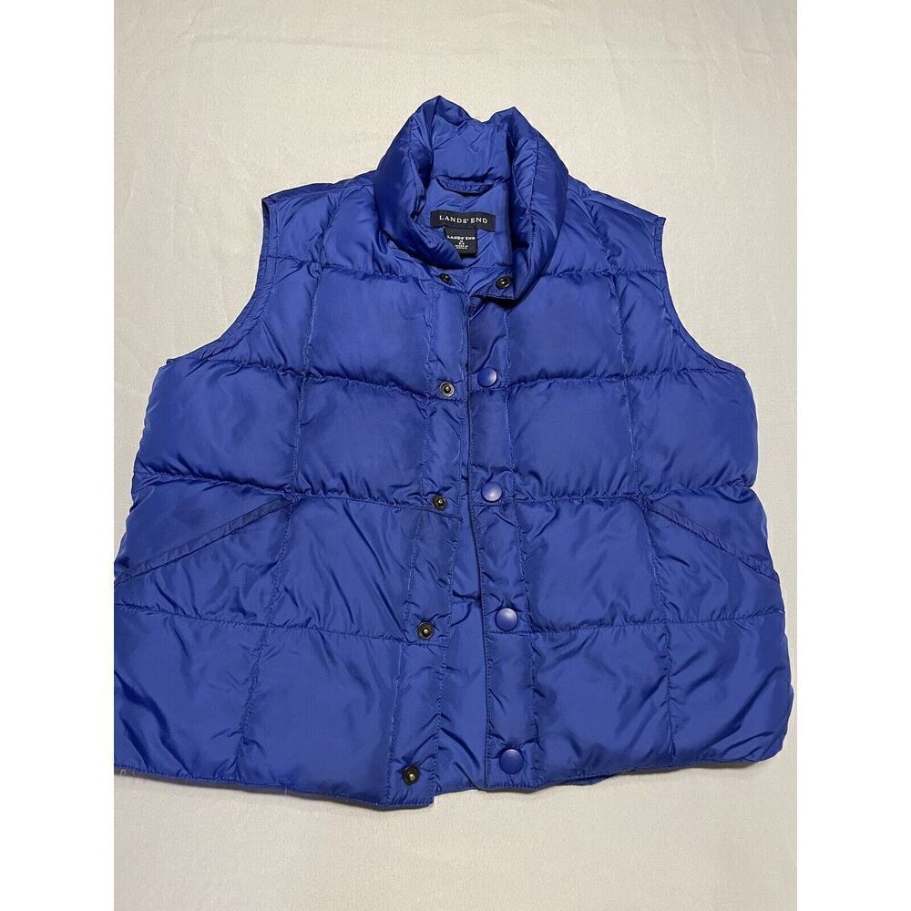 LANDS END Unisex M-5/6 Blue Puffer Goose Down Filled Vest Jacket Snap Front